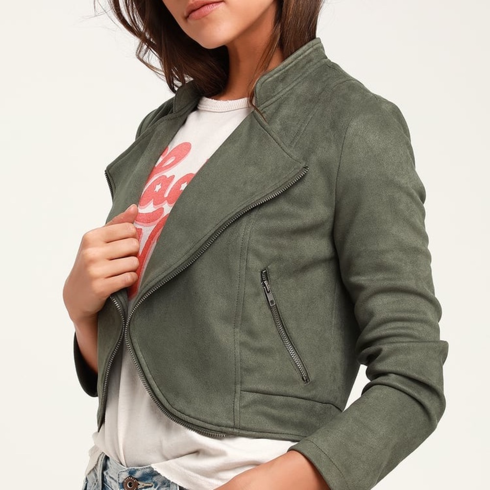 Olive Green Vegan Suede Cropped Moto Jacket - Size Small